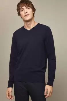 Image of Cotton Rich Navy V-Neck Knitted Jumper