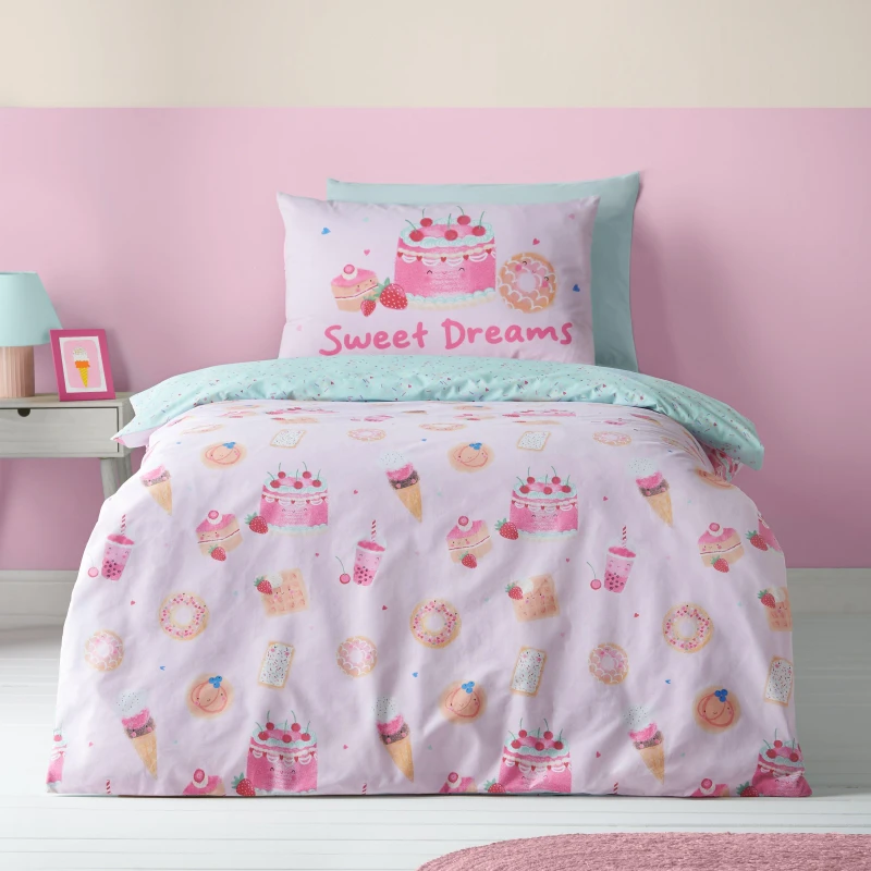 Image of Catherine Lansfield Sweet Treats Reversible Single Duvet Cover Set With Pillowcase Pink