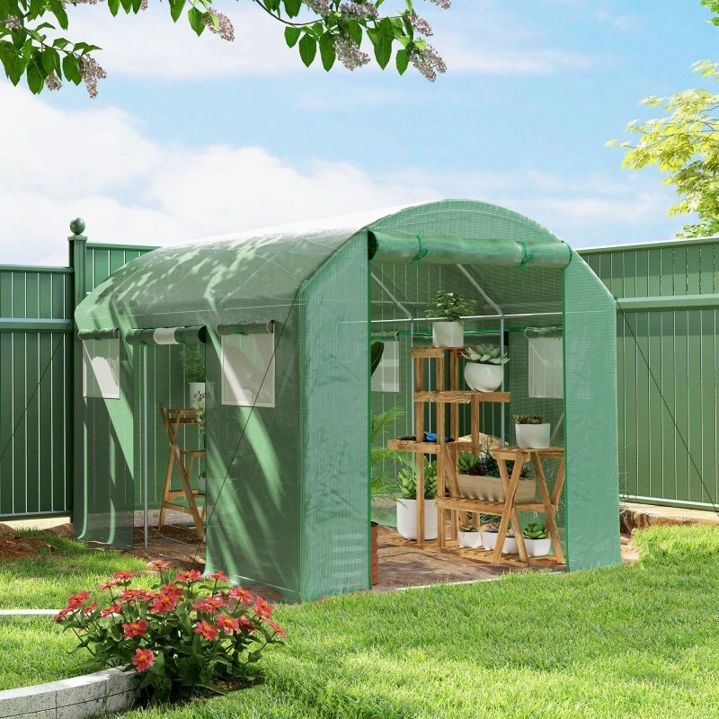 Image of Outsunny Polytunnel Greenhouse with 3 Roll-up Doors - Green - 3m TJ Hughes 5063603814158