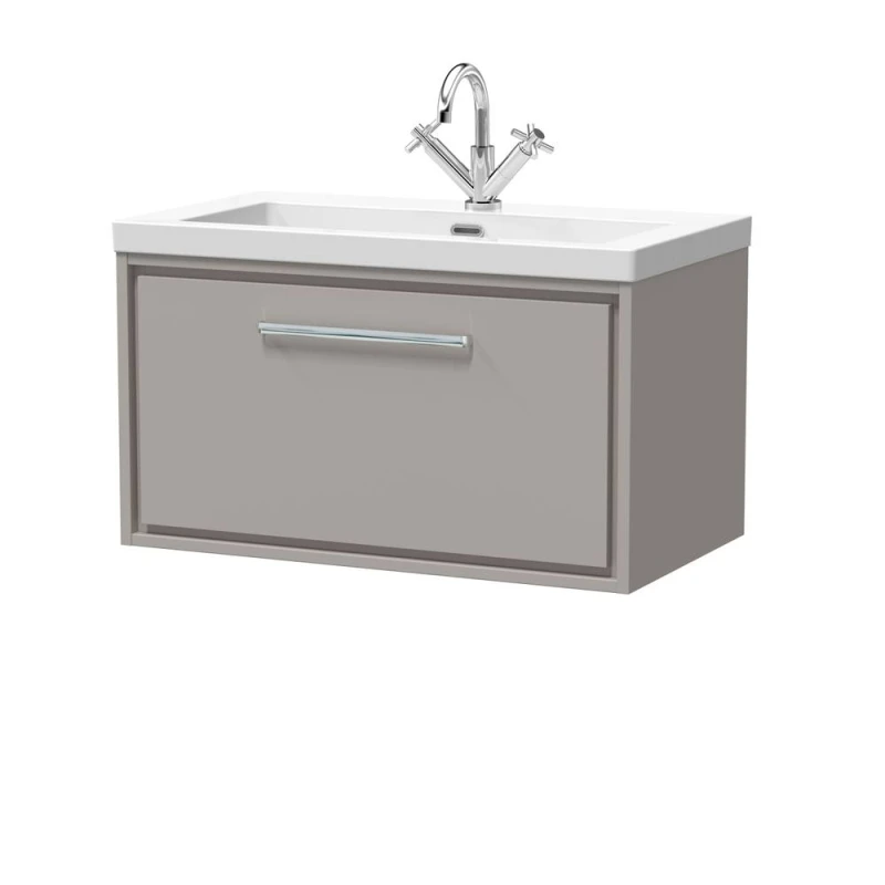 Image of Balterley Modern Bathroom 1 Soft-Close Drawer Wall Hung Vanity Unit Fireclay Basin, Pebble Grey, 800mm