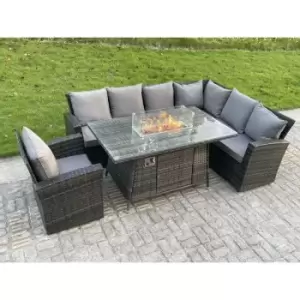 Image of Fimous 7 Seater Dark Grey Rattan Corner Sofa Set with Gas Fire Pit Dining Table and Gas Heater