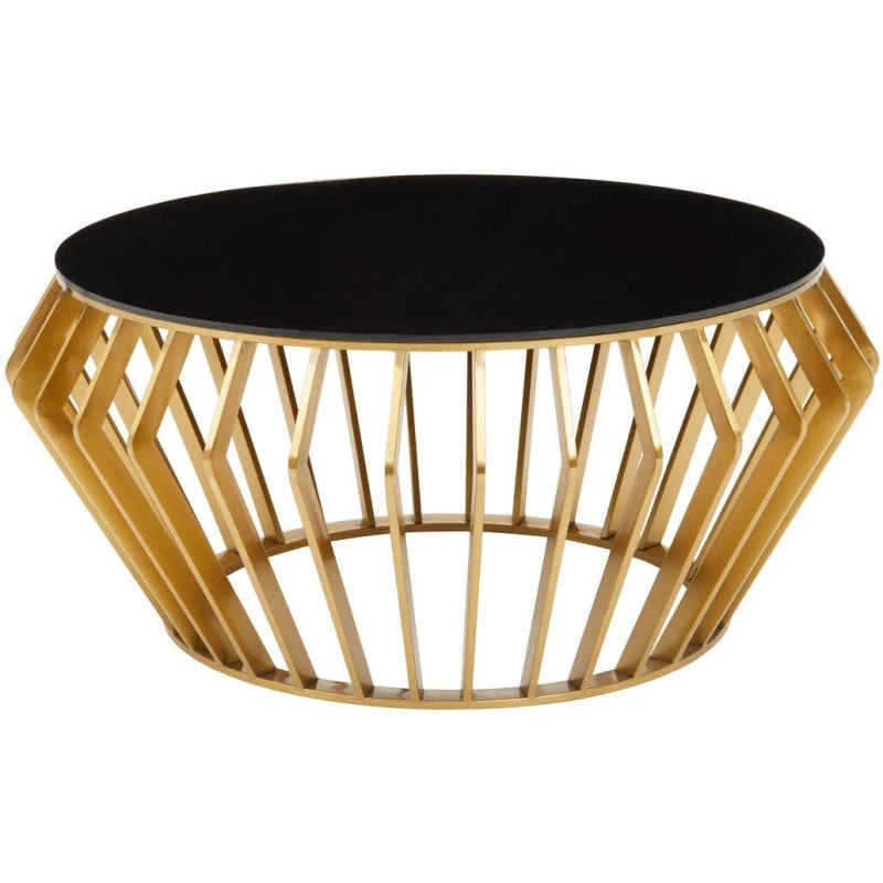 Image of Premier Housewares Spacious Gold Round Coffee Table with Black Glass, Modern Gold Finished Table, Luxurious Black Coffee Table Gold
