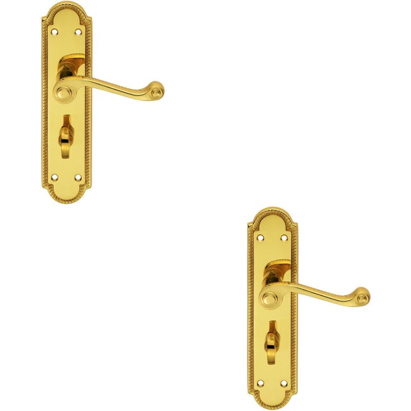 Image of Loops 2x PAIR Reeded Scroll Lever on Shaped Bathroom Backplate 205 x 49mm Brass Metallics