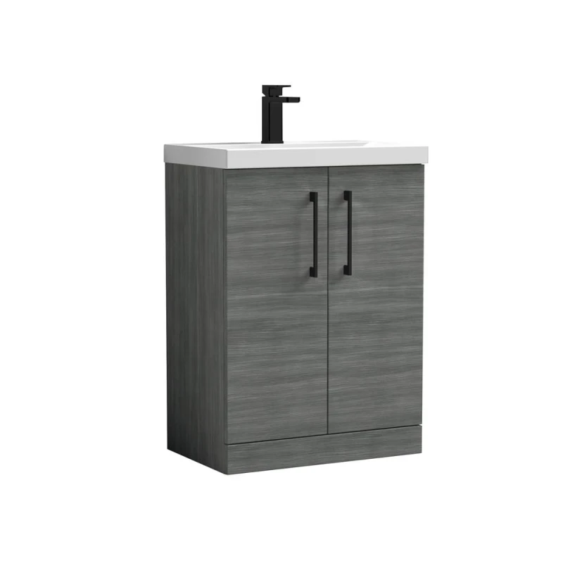 Image of Balterley Level Contemporary Bathroom Floor Standing 2-Door Vanity Unit & Mid-Edge Basin, Anthracite Woodgrain, 600mm