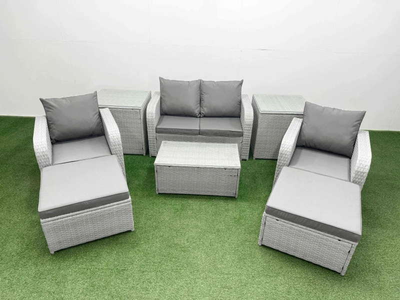 Image of Fimous Light Grey PE Wicker Rattan Garden Furniture Set Sofa Set Reclining Adjustable Chair Rectangular Coffee Table 6 Seater 3 Big Stools 3 Side Tabl