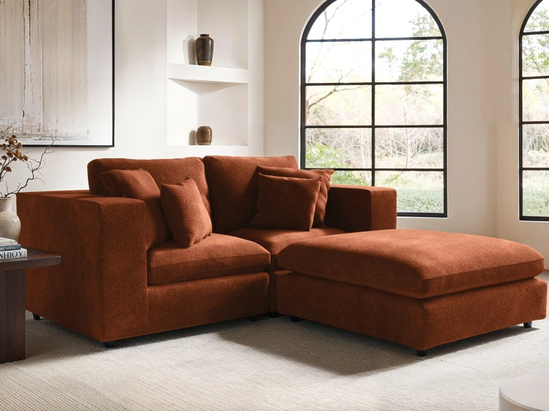 Image of Solace+Co Asher 3 Seater Sofa with Footstool - Burnt Orange Chenille Burnt Orange Unisex