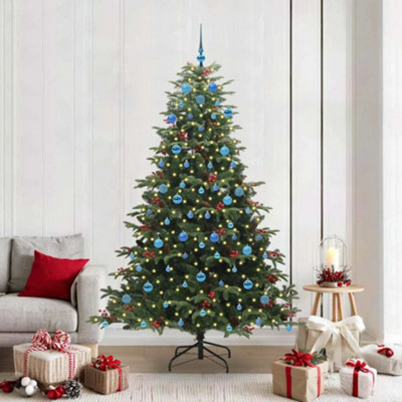Image of vidaXL Artificial Christmas Tree with LED Strip Lights, Blue Balls Green 210 cm, Green 3395566