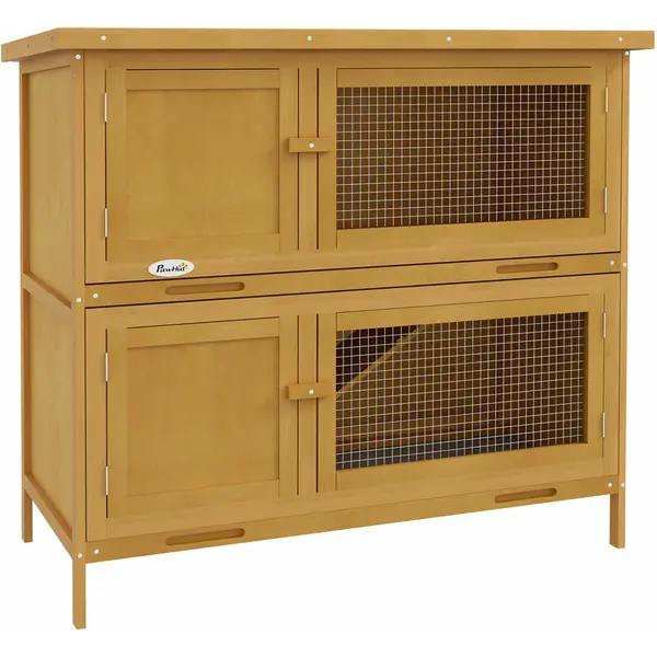Image of PawHut Pawhut - Double Decker Rabbit Hutch Bunny Cage Pet House Outdoor w/ Tray, Yellow - Yellow 5056725334703