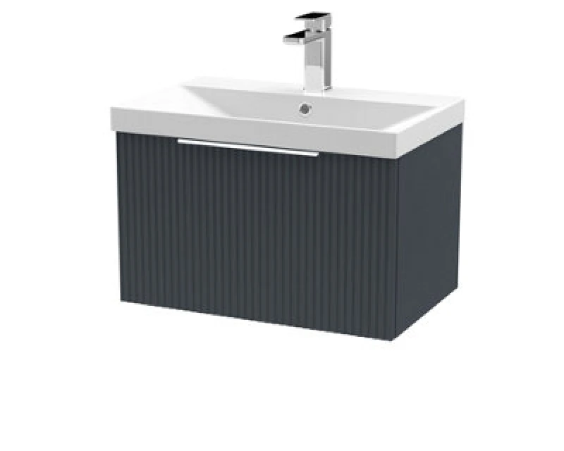 Image of HUDSON REED Hudson Reed - Fluted Wall Hung 1-Drawer Vanity Unit with Basin 3 600mm Wide - Satin Anthracite DFF1494D