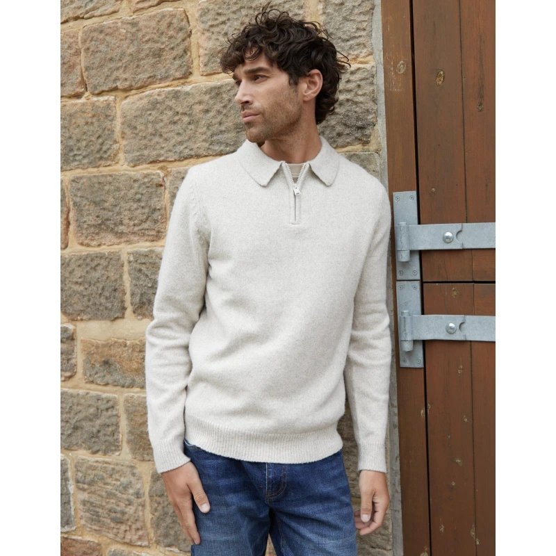 Image of Threadbare 'Windermere' Long Sleeve Quarter Zip Polo Jumper Natural