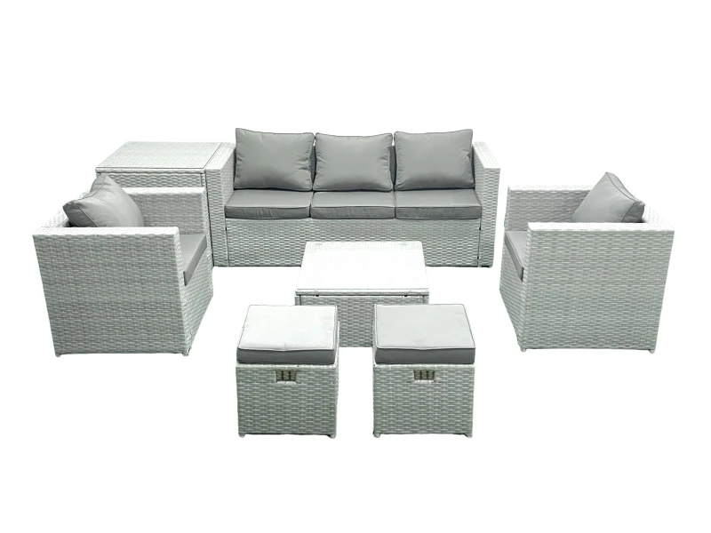 Image of Fimous 7 Seater Rattan Garden Furniture Set with 3 Seater Sofa 2 Chair Square Coffee Table 2 Small Footstools Side Table Light Grey Mixed Light Grey