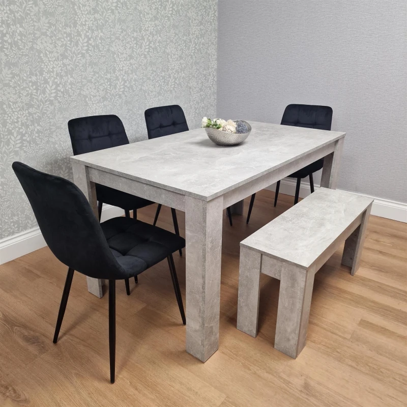 Image of KOSY KOALA Kosy Koala - Dining Table and 4 Chairs With Bench Stone Grey Effect Wood Table 4 Black Velvet Chairs Dining Room Stone grey 140 + 4 Black r