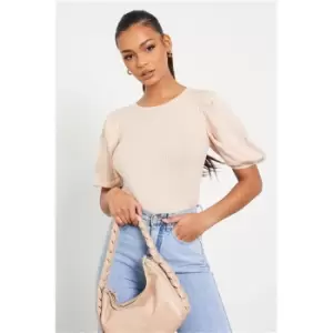 Image of I Saw It First Stone Ribbed Puff Sleeve Knitted Crop Top - Brown
