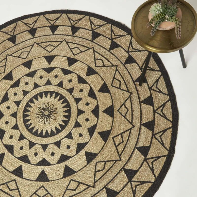 Image of Homescapes Natural & Black Mandala Braided Jute Rug, 90 Cm Round