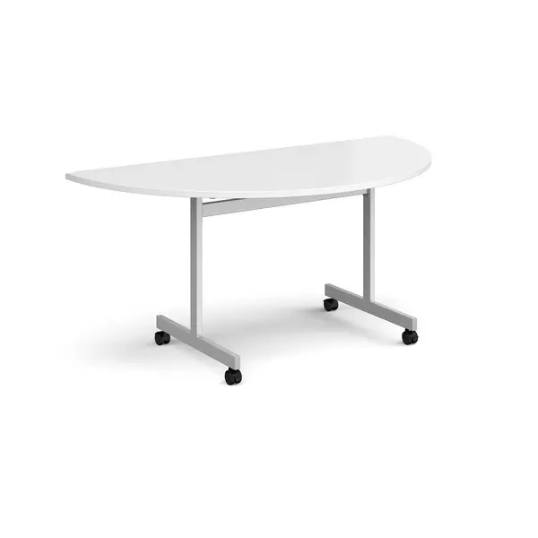 Image of Semi Circular White Flip Top Meeting Table with Silver Frame - 1600mm