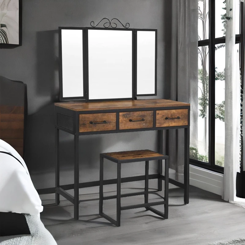 Image of Rafaelo Mobilia Industrial Rustic Brown Dressing Table With Mirror & Stool Brown Unisex
