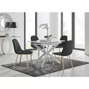 Image of Lira 100 Extending Dining Table and 4 Black Corona Faux Leather Dining Chairs with Gold Legs Diamond Stitch - Black