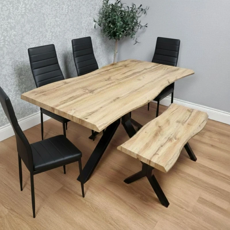 Image of Kosy Koala Dining Table Set With 4 Black Faux Leather Chairs And Bench Kitchen Dining Room Furniture