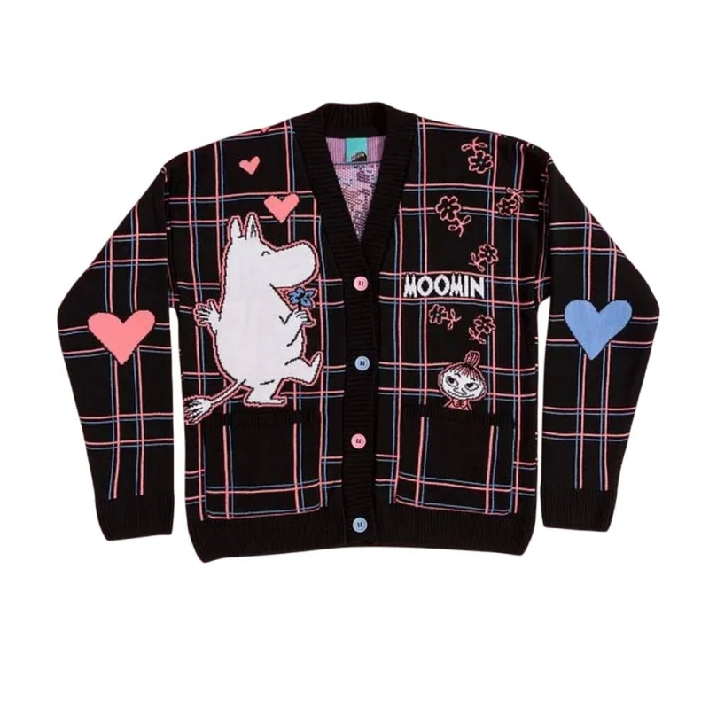 Image of Moomin Mens In Love Checked 80th Cardigan in Black Size: Large Black Male L