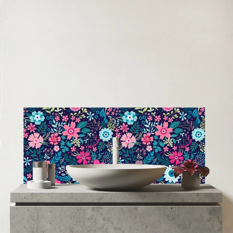 Image of Warren Reed - Designer Cute Colourful Flower Pattern Glass Bathroom Splashback in Blue Blue Unisex