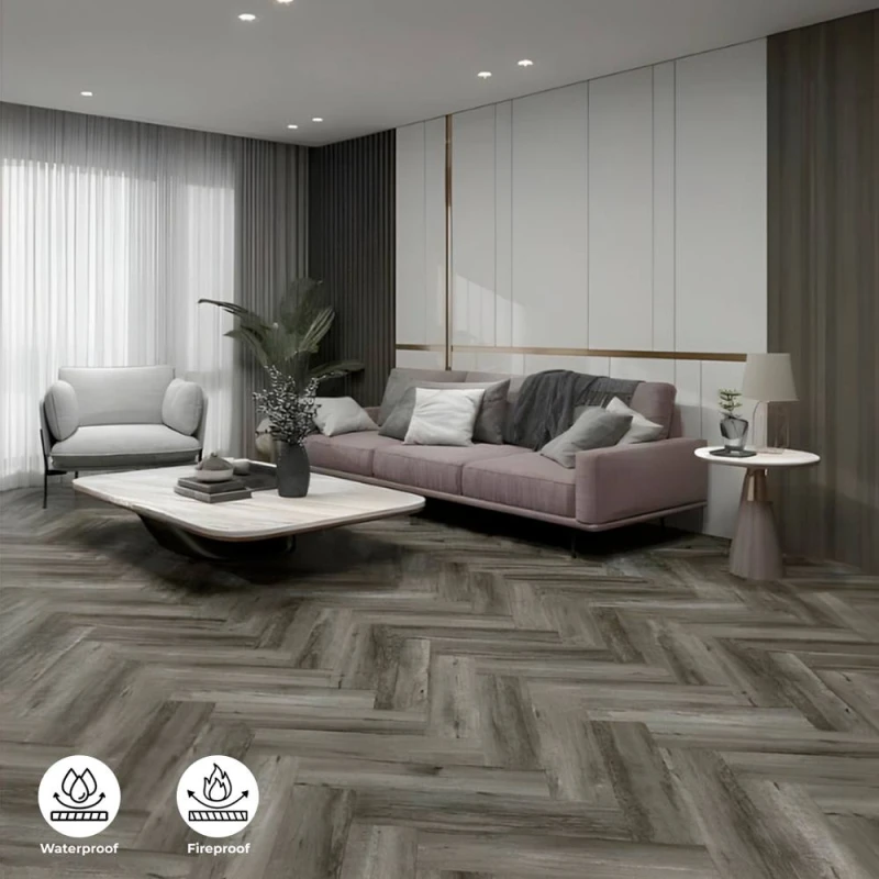 Image of ENER-J BRITWALL Midnight Grey SPC Herringbone Flooring - Embossed in Mid Grey Size: 10000mm x 520mm Mid Grey Unisex 10000mm x 520mm