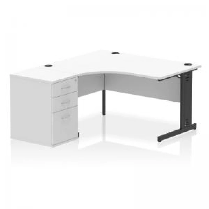 Image of Impulse Impulse 1400mm Left Crescent Office Desk White Top Black Cable Managed Leg Workstation 600 Deep Desk High Pedestal IWSLC146BCMWHT