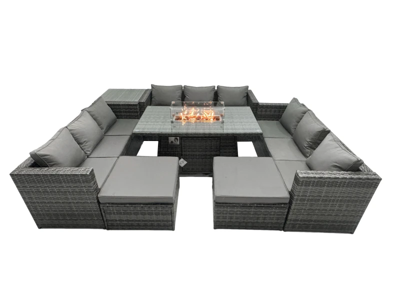 Image of Fimous Rattan Garden Furniture Firepit Set Outdoor 10 Seater Patio Dining Sets with Glass Top Dining Table Side Tables Dark Grey