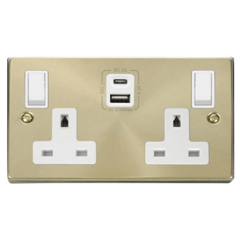 Image of SE Home Satin / Brushed Brass 2 Gang 13A Type A & C USB Twin Double Switched Plug Socket Gold unisex