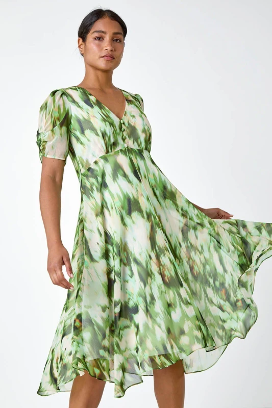 Image of Roman Abstract Chiffon Hanky Hem Asymmetric Dress Green