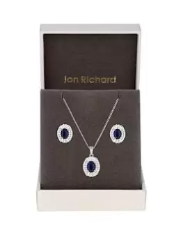 Image of Jon Richard Rhodium Plated Blue Baguette Oval Set - Gift Boxed, Silver, Women