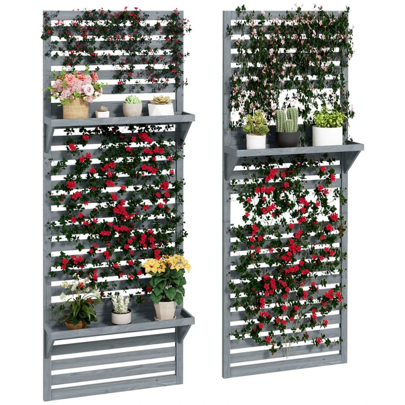 Image of Outsunny Premium Outsunny Wall Mounted Plant Stands - Set of 2 - Shelves & Trellis