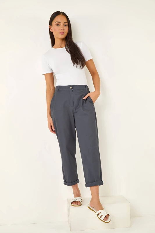 Image of Roman Womens Petite Cotton Blend Stretch Chino Trousers in Charcoal Size: 14 Charcoal Female 14