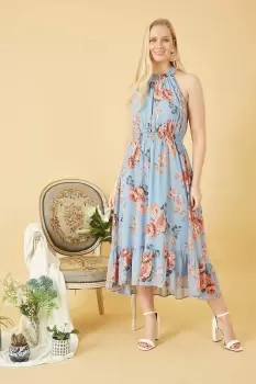 Image of Blue Rose Halter Neck Dipped Midi Dress