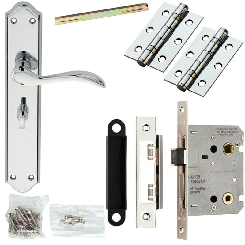 Image of Loops Door Handle & Bathroom Lock Pack Chrome Tall Victorian Thumb Turn Backplate Multi