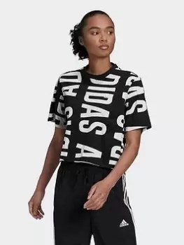 Image of Adidas Essentials Oversized Allover Print Cropped T-Shirt