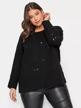 Image of Yours Distressed Crew Neck Jumper Black, Size 30-32, Women