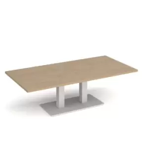 Image of Eros rectangular coffee table with flat white rectangular base and twin uprights 1600mm x 800mm - kendal oak