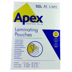 Image of Fellowes Apex A3 Light Laminating Pouches Clear Pack of 100 6001901