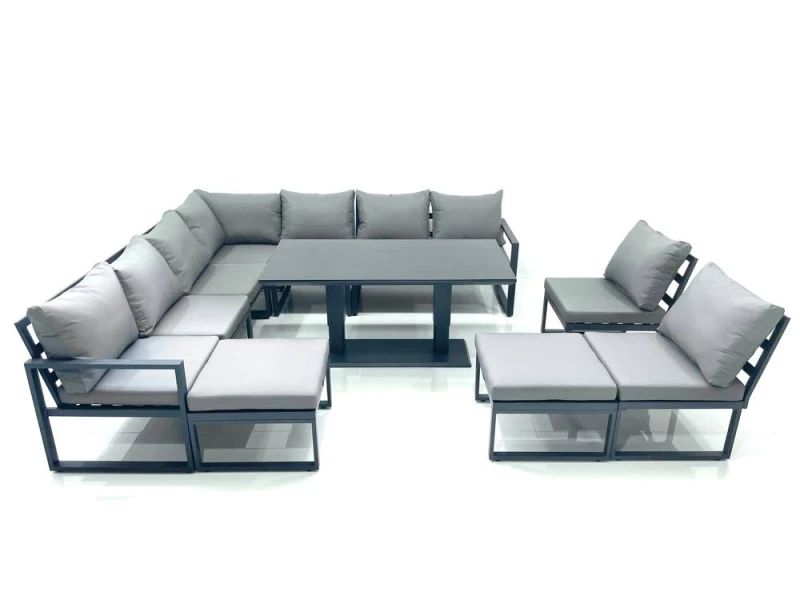 Image of Fimous 11 Seater Outdoor Aluminum Garden Furniture Set Corner Sofa 2 Big Footstools Rising Lifting Dining Table Sets Dark Grey Dark Grey Unisex