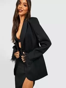 Image of Boohoo Feather Cuff Tailored Blazer - Black, Size 8, Women