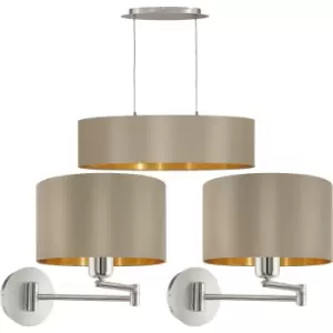 Image of Ceiling Pendant Light & 2x Matching Wall Lights Taupe & Gold Large Linear Shade