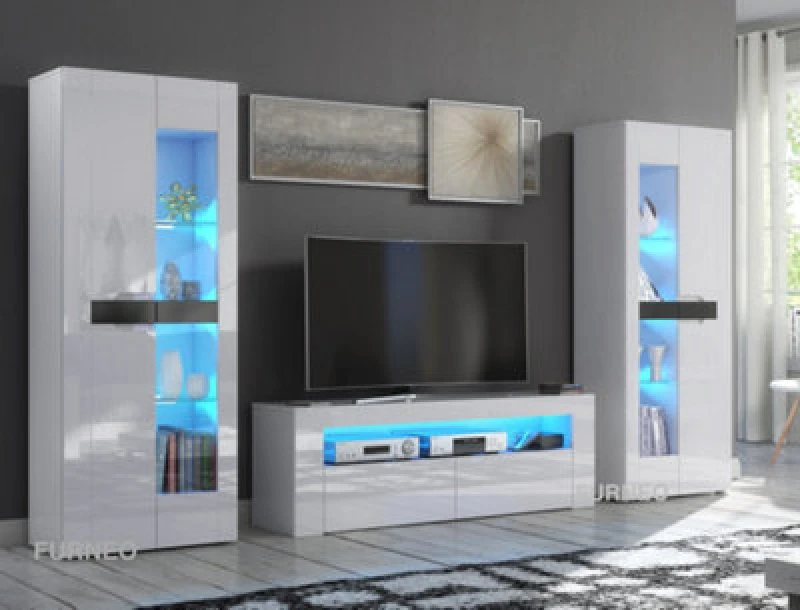 Image of Furneo High Gloss & Matt White Living Room Set TV Stand Display Cabinets Milclif 13 Blue LED Lights