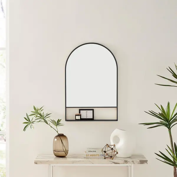 Image of FurnitureboxUK Dara Metal Arch Minimalist Framed Wall Mirror with Shelf Black