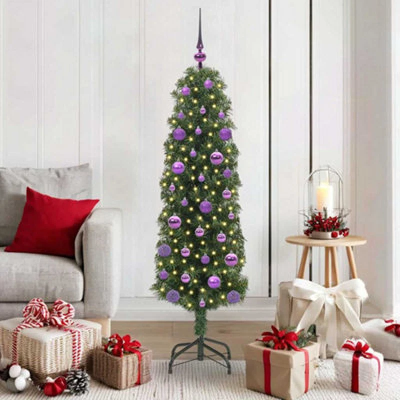 Image of vidaXL Artificial Christmas Tree with 150 LEDs, Lilac Balls with Stand Green 150 x 43 cm, Green 3394936