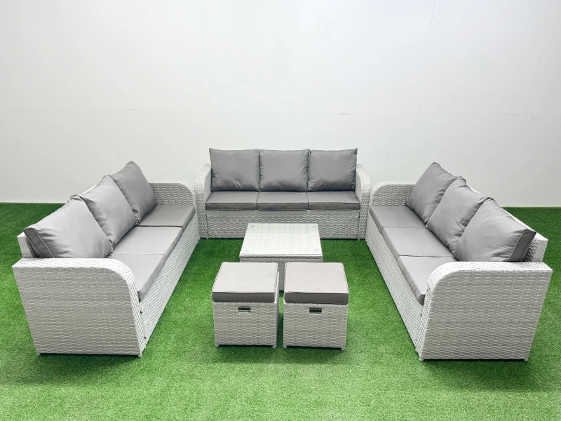 Image of Fimous PE Rattan Lounge Sofa Set 11 Seater Outdoor Garden Furniture Set with Square Coffee Table 3 Seater Sofa 2 Stools Light Grey Light Grey