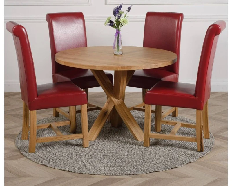 Image of Thats Furniture Oregon Round Oak Dining Table & 4 Washington Leather Chairs in Red Red Unisex