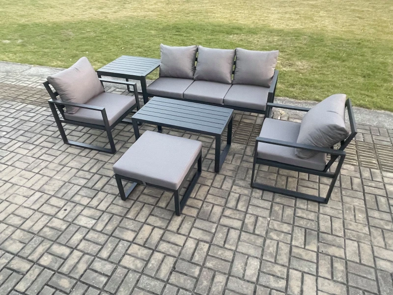 Image of Fimous Aluminium Outdoor Furniture Set 6 Seater Garden Sofa with Oblong Coffee Table Big Footstool 2 Armchairs Side Table Dark Grey Dark Grey Unisex