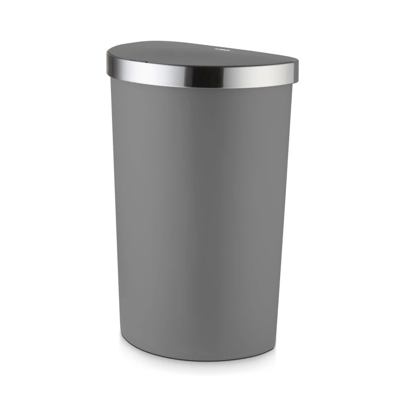 Image of Tower Tower Curved Sensor Bin with Bin Liner Retainer Ring, Durable PP Body, Battery Operated, 50L, Black with Stainless Steel Trim on Lid in Grey Gre