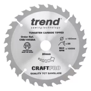 Image of Trend CRAFTPRO Wood Cutting Saw Blade 160mm 28T 20mm