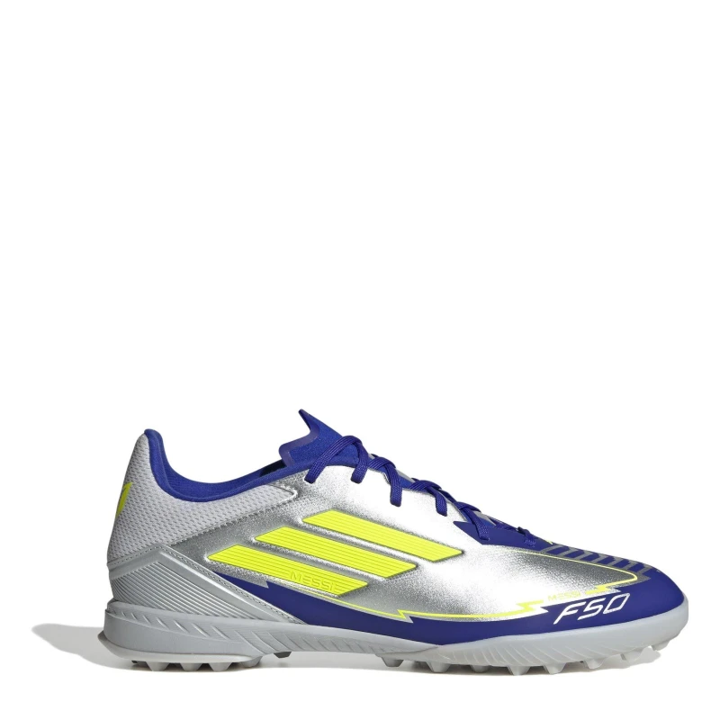 Image of adidas F50 Messi Astro Turf Football Boots Adults Silver/Yell/Blu male 6 (39.3)